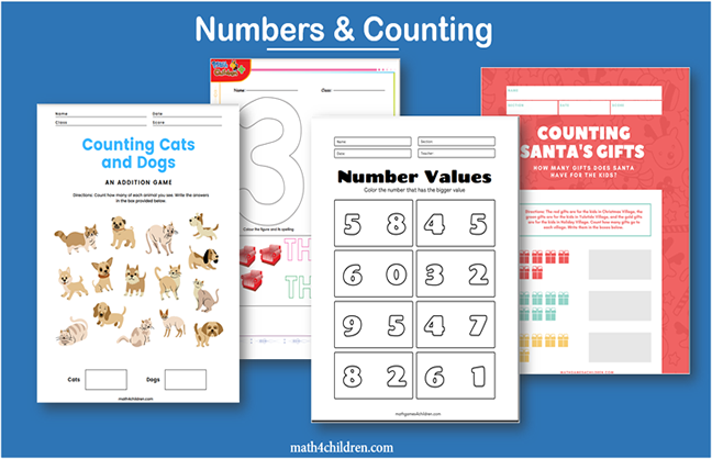 Counting worksheets for kindergarten children. Practice your numbers, spelling them, tracing and more. 